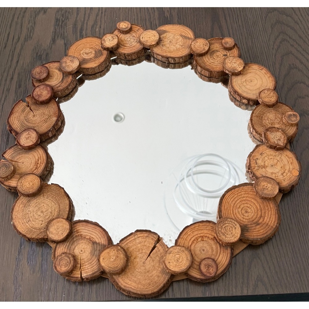 Vtg Rustic Round Wall Mirror Natural Wood Log Slice Frame Tree Ring Cabin Decor